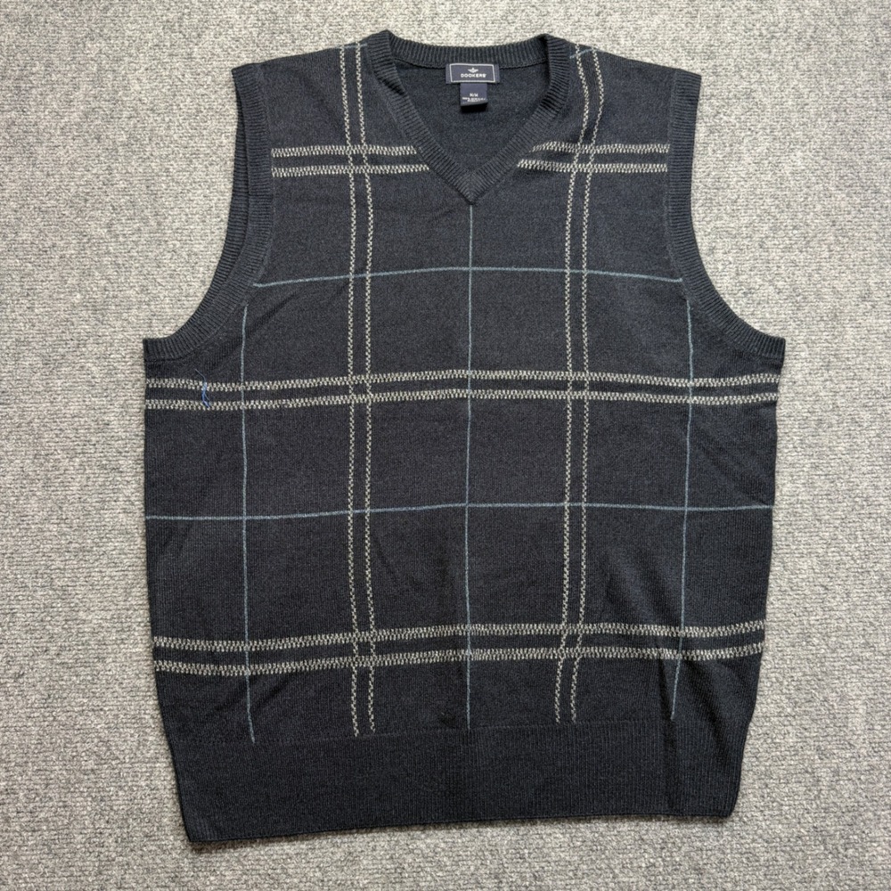 Dockers Mens V-Neck Sweater Vest Navy Blue Plaid Acrylic Knit Size Medium